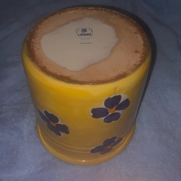 Lamas Pottery Utensil Holder Crock Hand Made Italy 6x5.5” Yellow w/ Blue Flowers - Picture 2 of 9
